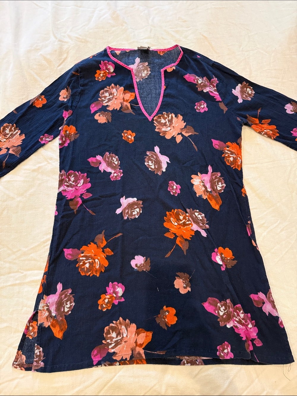 Navy Floral V-Neck Tunic with Pink Trim